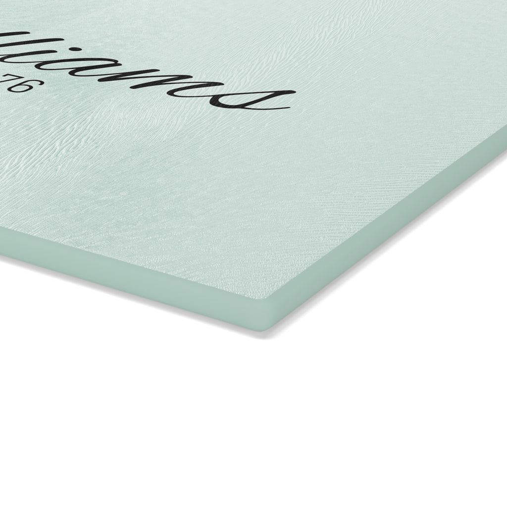 Personalized Glass Cutting Board — Mint Monogram "Williams est. 1976"