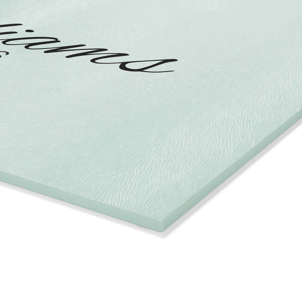 Personalized Glass Cutting Board — Mint Monogram "Williams est. 1976"