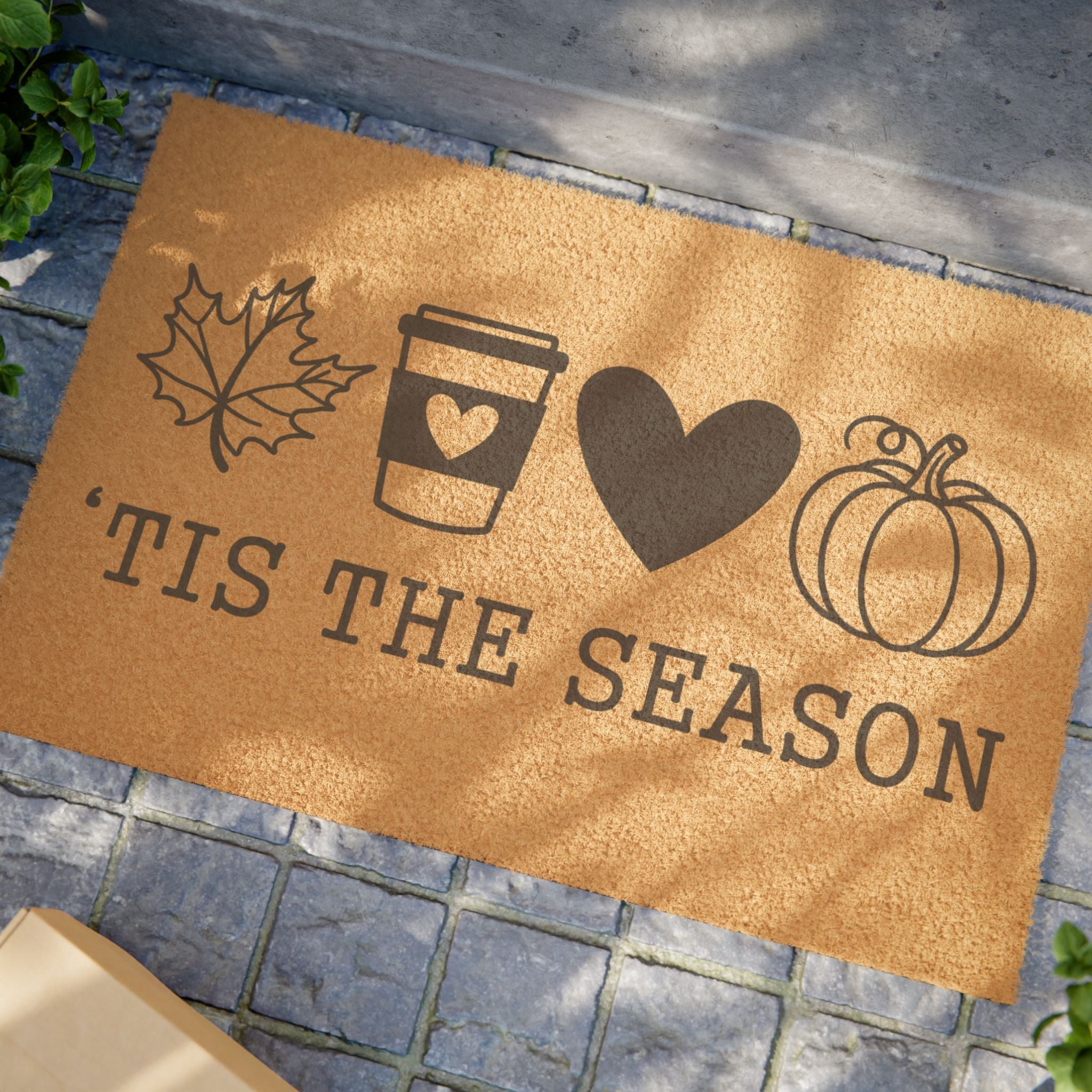 Autumn Welcome Doormat – 'Tis the Season with Leaf, Pumpkin & Coffee Icons