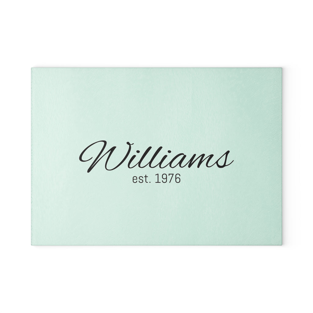 Personalized Glass Cutting Board — Mint Monogram "Williams est. 1976"