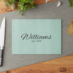Personalized Glass Cutting Board — Mint Monogram "Williams est. 1976"