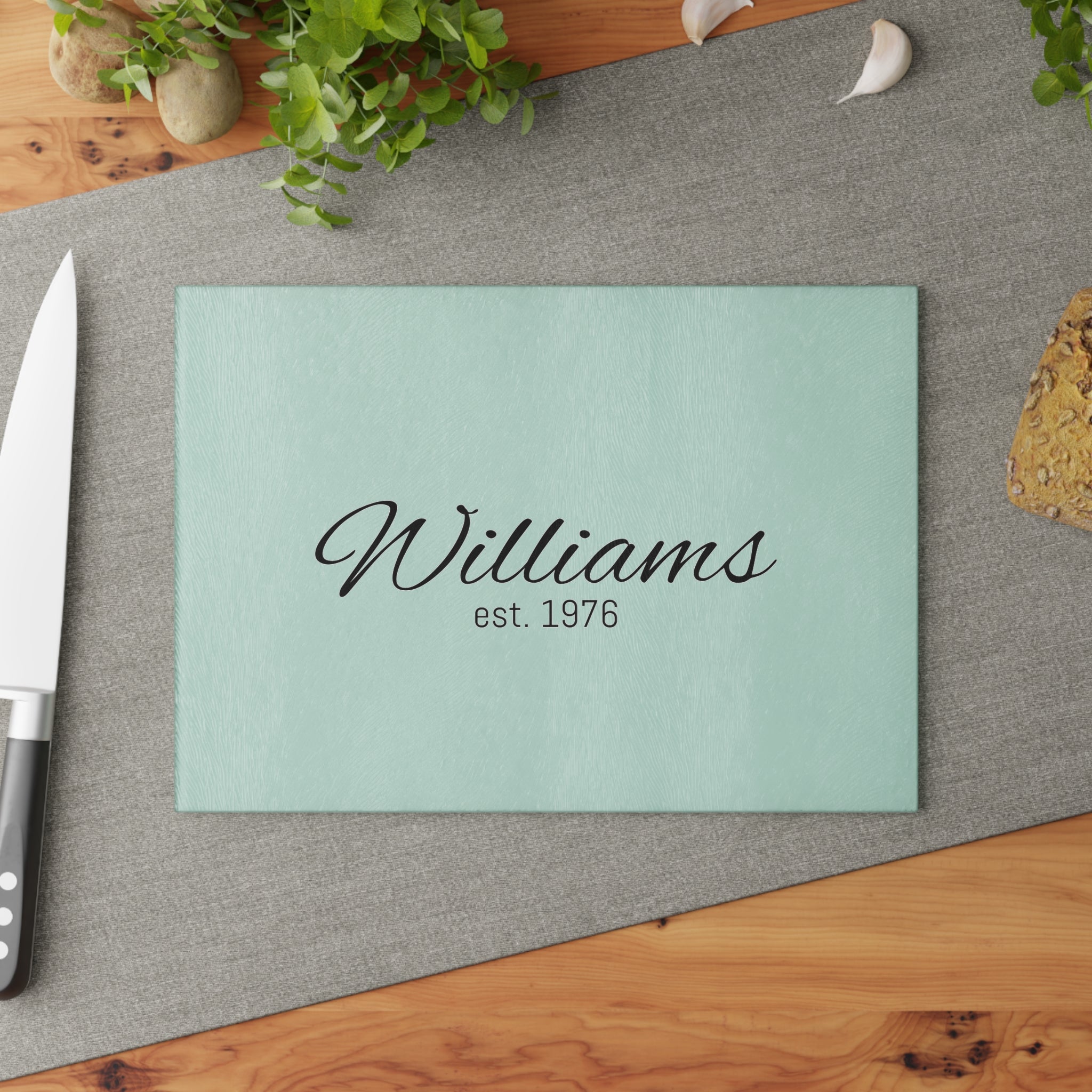 Personalized Glass Cutting Board — Mint Monogram "Williams est. 1976"