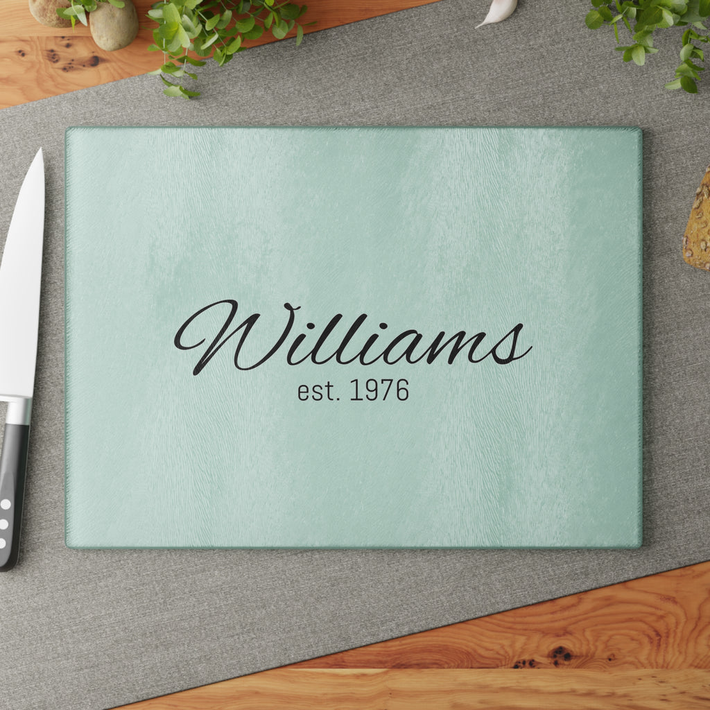 Personalized Glass Cutting Board — Mint Monogram "Williams est. 1976"