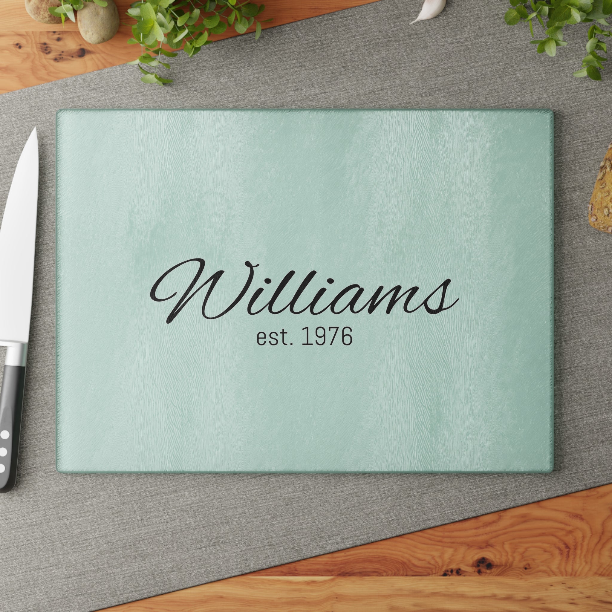Personalized Glass Cutting Board — Mint Monogram "Williams est. 1976"