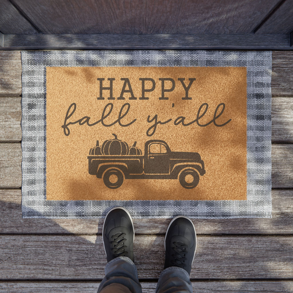 Happy Fall Y'all Doormat - Rustic Pumpkin Truck Welcome Mat