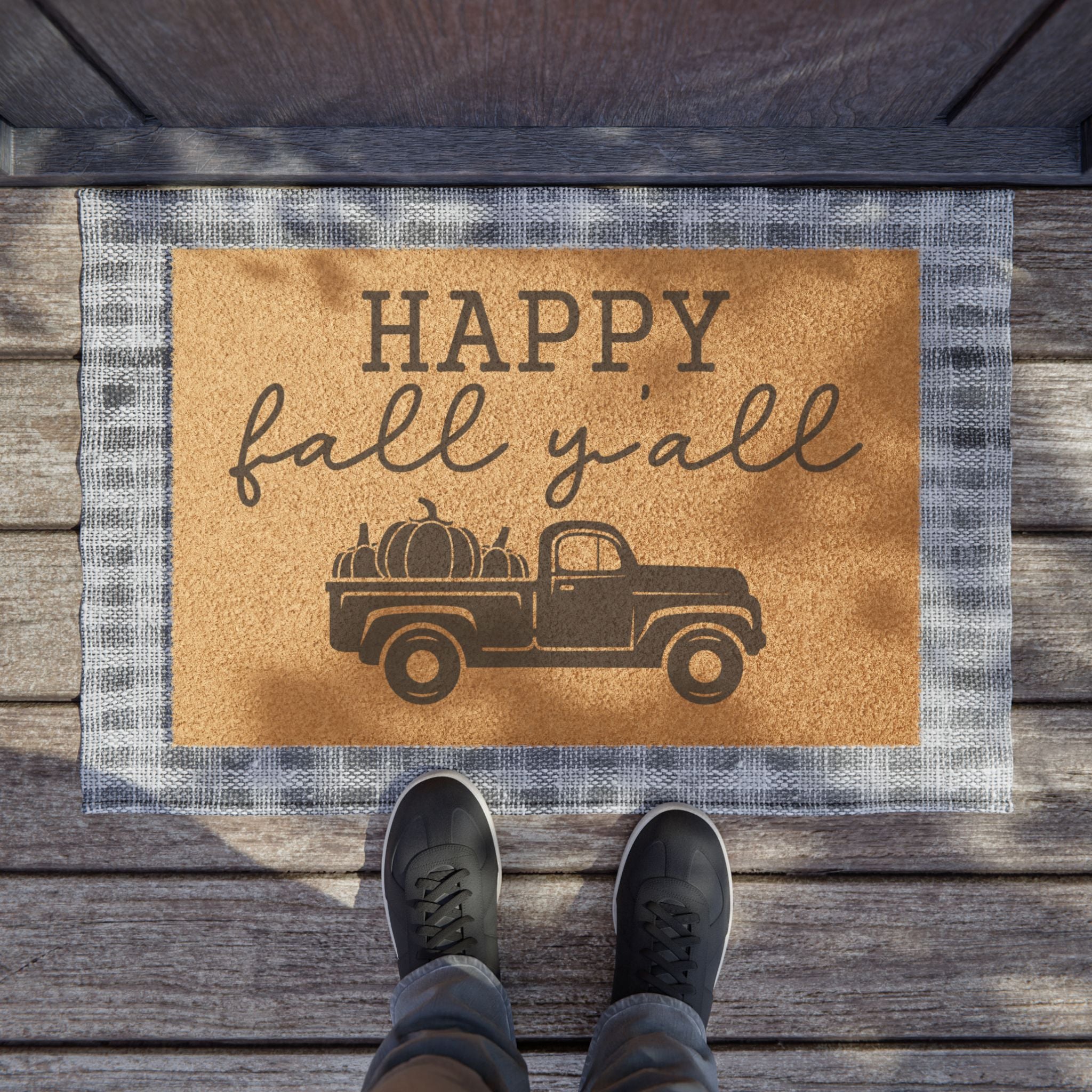 Happy Fall Y'all Doormat - Rustic Pumpkin Truck Welcome Mat