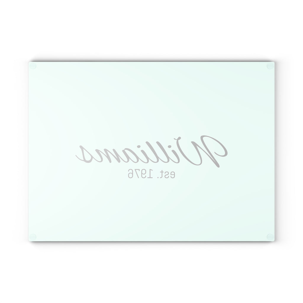 Personalized Glass Cutting Board — Mint Monogram "Williams est. 1976"