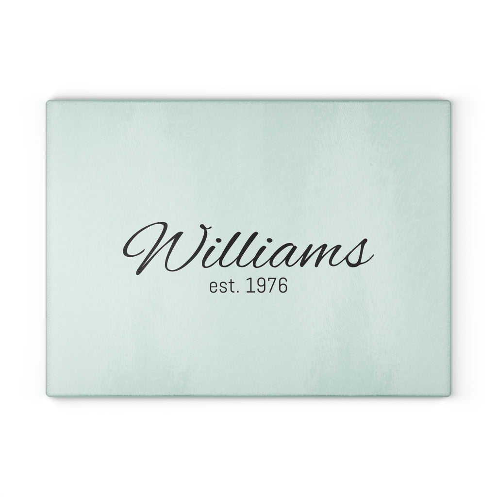 Personalized Glass Cutting Board — Mint Monogram "Williams est. 1976"