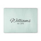 Personalized Glass Cutting Board — Mint Monogram "Williams est. 1976"