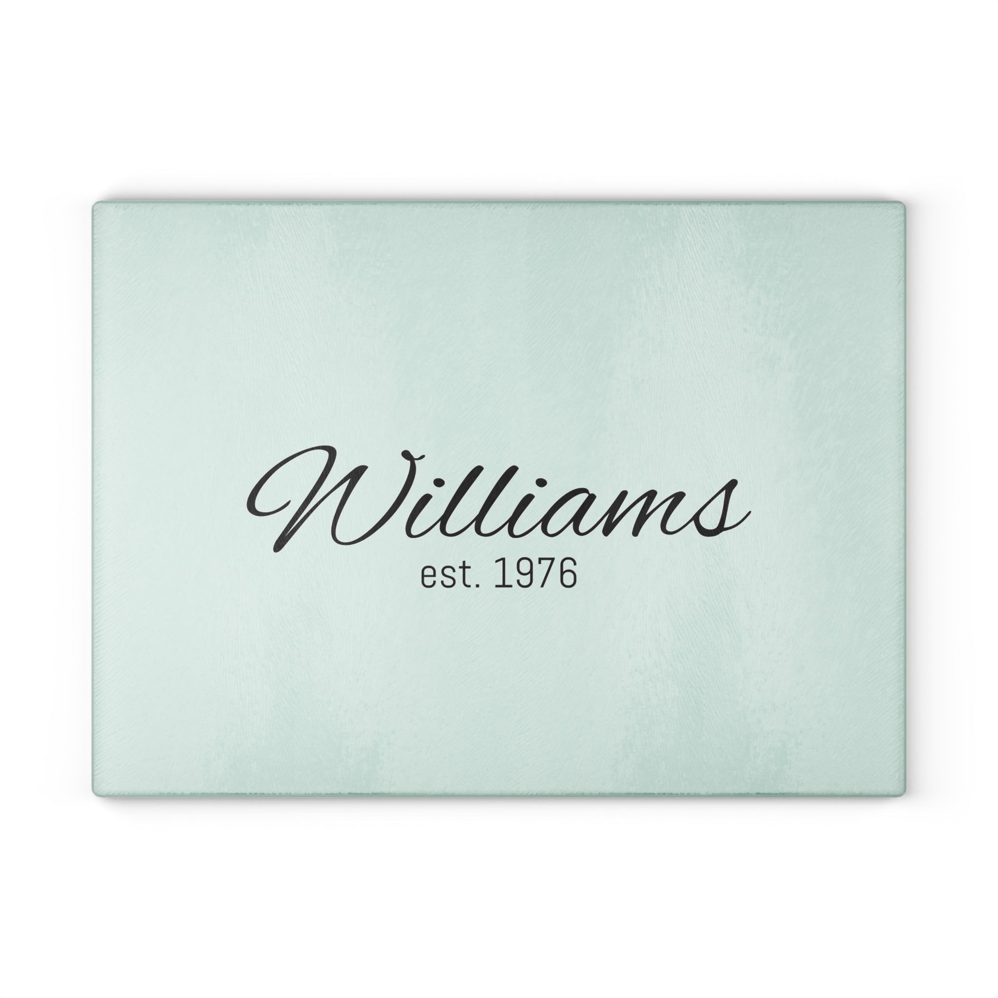 Personalized Glass Cutting Board — Mint Monogram "Williams est. 1976"