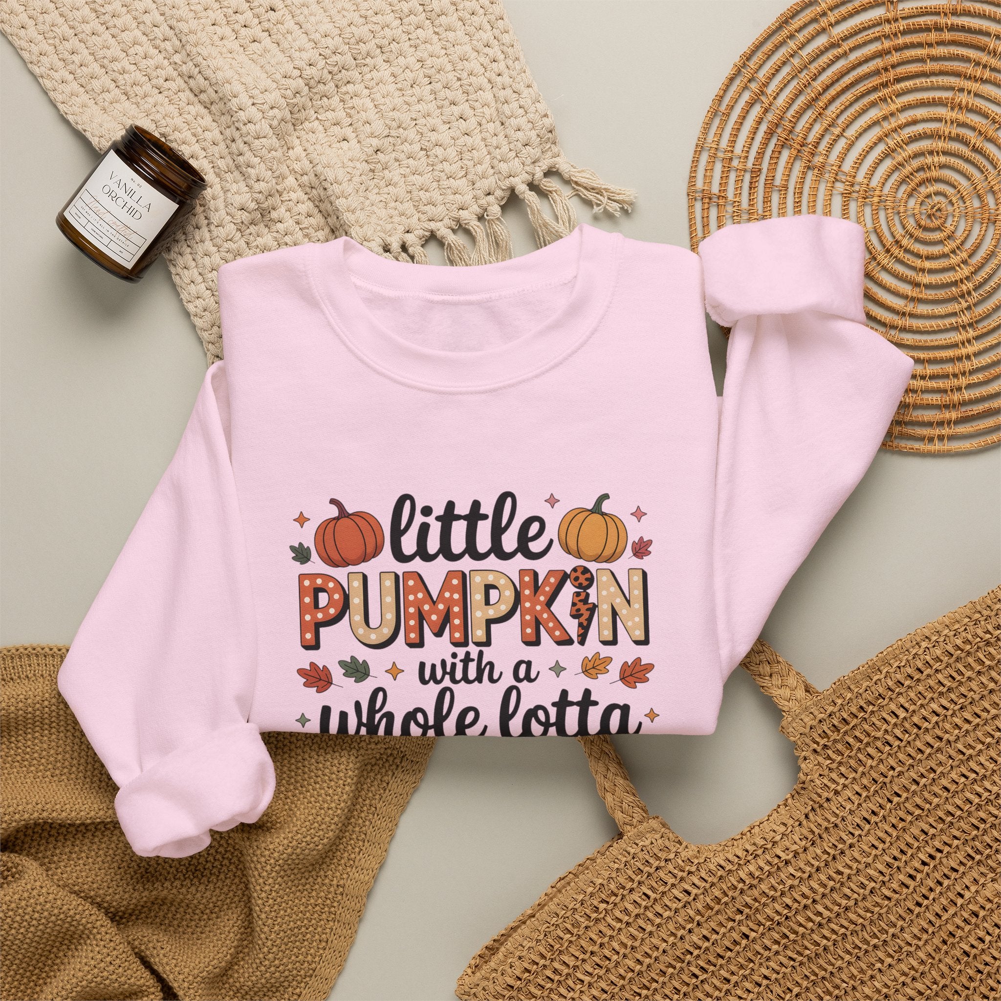 Crewneck Sweatshirt — "Little Pumpkin with a Whole Lotta Spice" Fall Graphic
